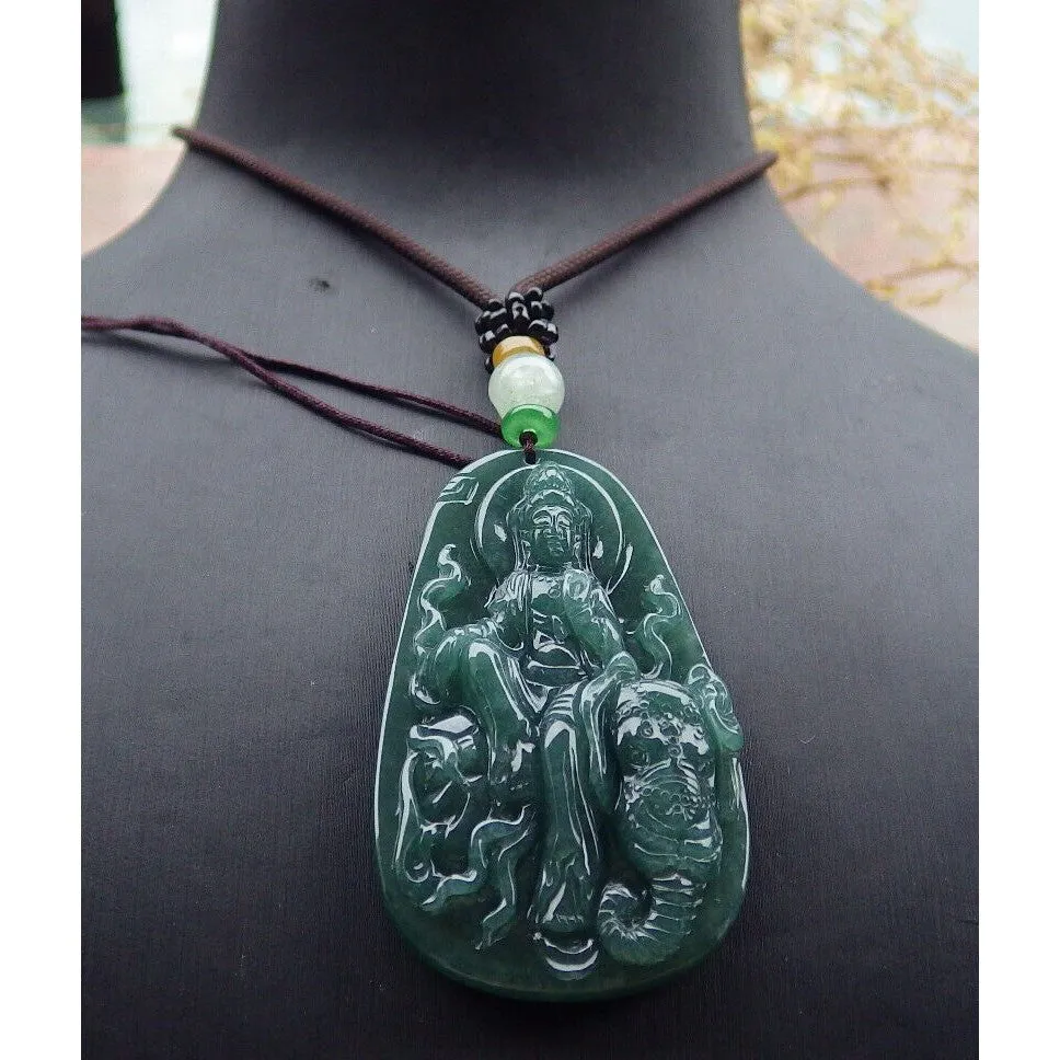 Certified Green Natural A Jade Jadeite Pendant Guanyin Kwan Yin Elephant Necklace