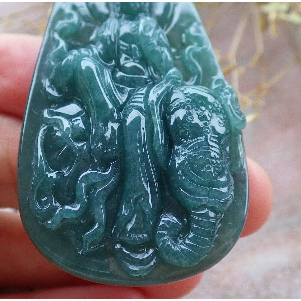 Certified Green Natural A Jade Jadeite Pendant Guanyin Kwan Yin Elephant Necklace