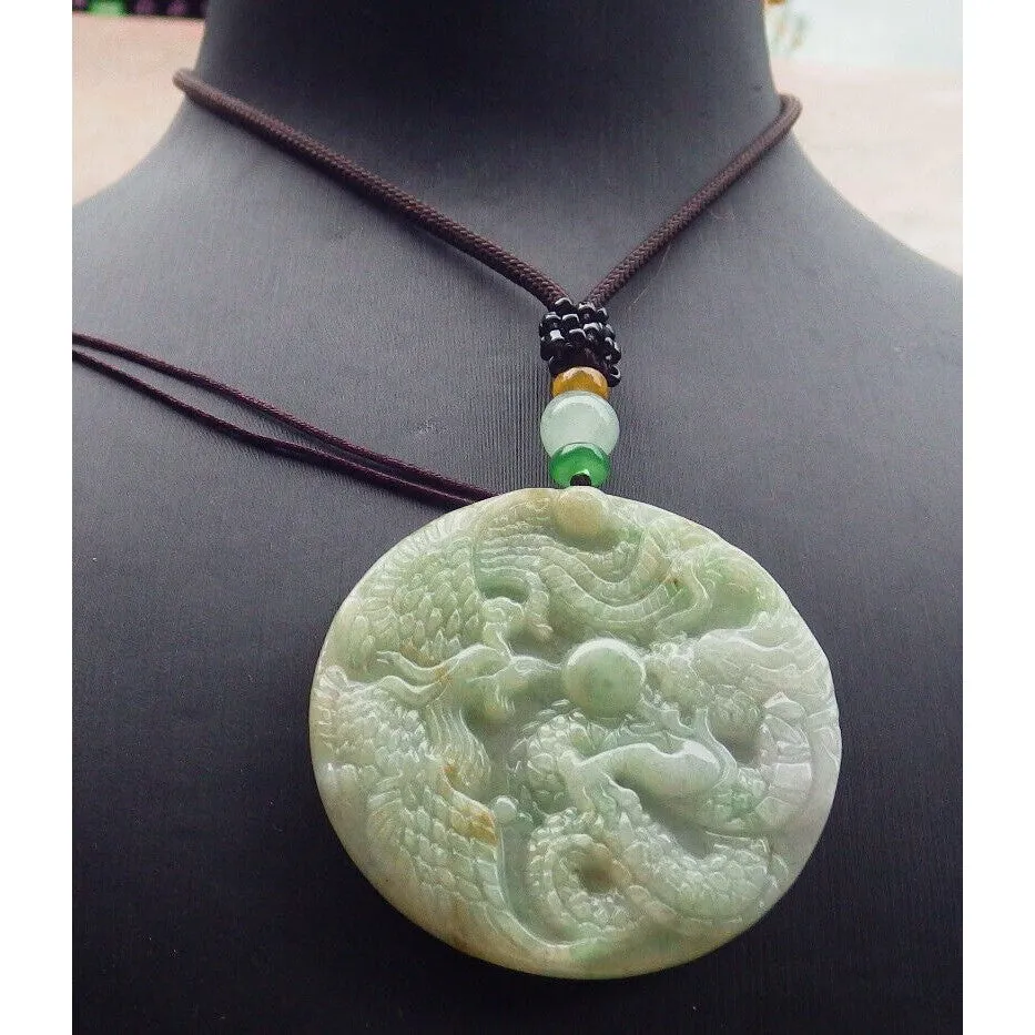 Certified Green Natural Burma A Jade Jadeite Pendant Dragon Phoenix Necklace