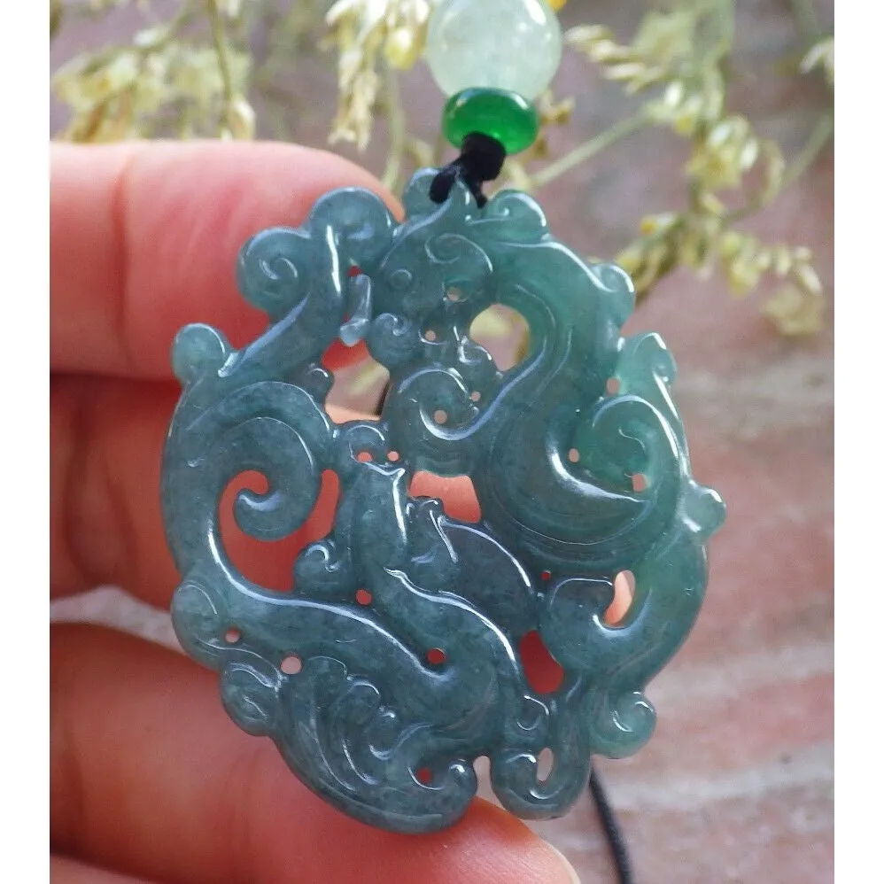 Certified Icy Green 100% Natural A Jade Jadeite Pendant Dragon Phoenix Necklace