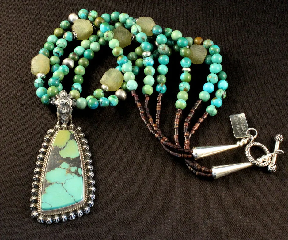 China Mountain Turquoise and Sterling Silver Pendant with 3 Strands of Turquoise, Jade & Sterling