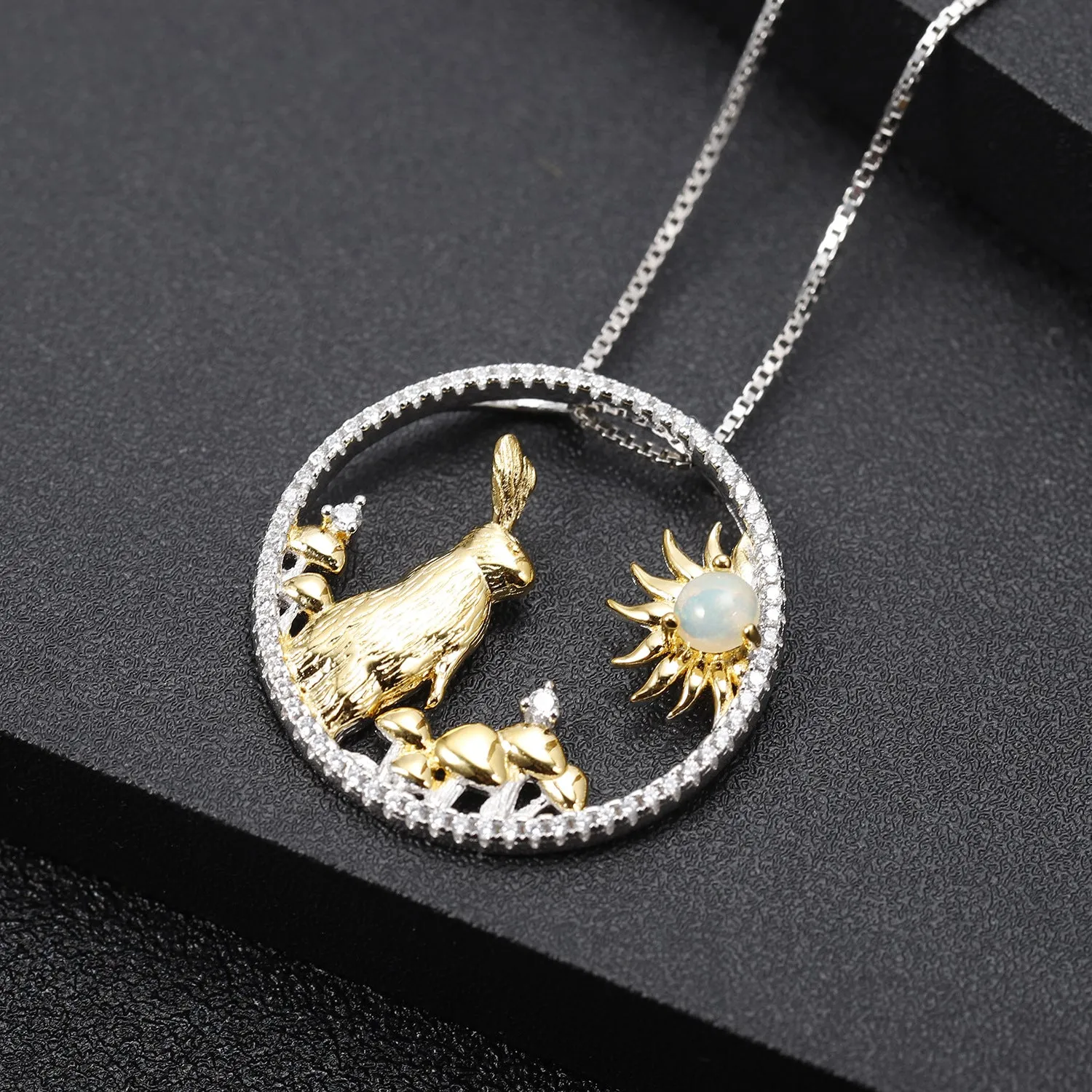 Chinese Style Element Design Zodiac Series Jade Rabbit Natural Topaz Silver Necklace for Women