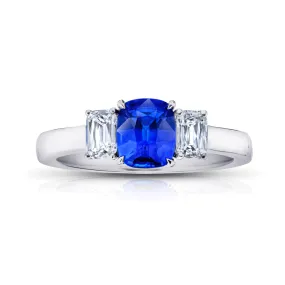 Classic Cushion Cut Blue Sapphire Three Stone Engagement Ring