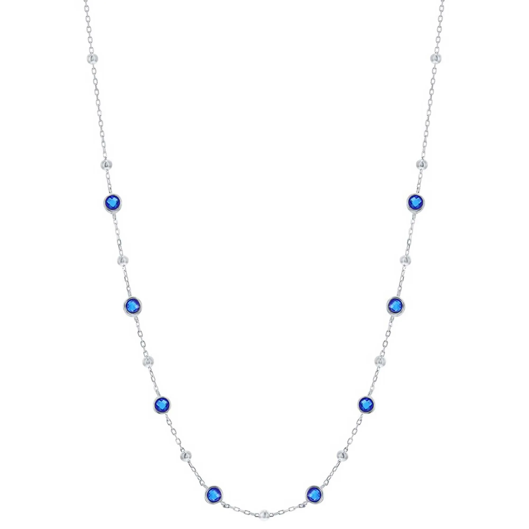 Classic Women's Necklace - Silver Bezel Set Sapphire CZ and Bead Station | M-7075-16