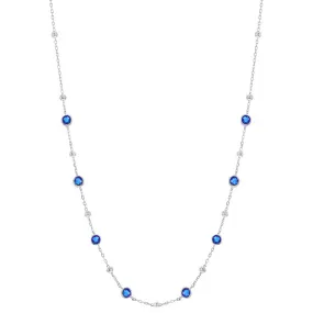 Classic Women's Necklace - Silver Bezel Set Sapphire CZ and Bead Station | M-7075-16