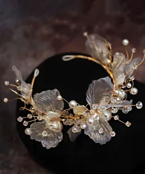 Classy Gold Tulle Crystal Pearl Floral Girl Hairpin IU058