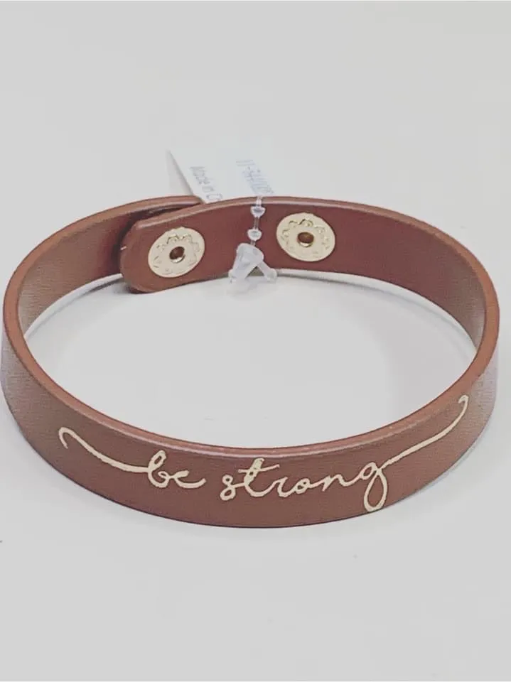 Cognac “Be Strong” Leather Two Snap Button Closure Bracelet