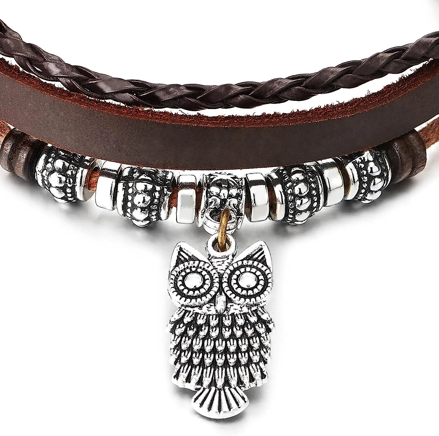 COOLSTEELANDBEYOND Brown Leather Multi-Strand Bracelet, Owl and Beads Charms, Braided Cotton Strap, for Mens Womens