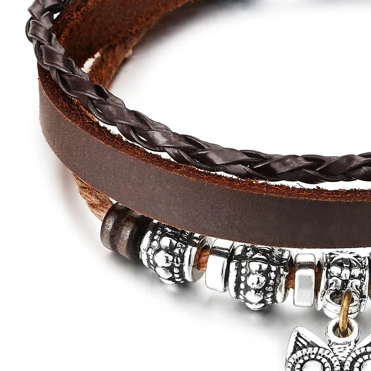 COOLSTEELANDBEYOND Brown Leather Multi-Strand Bracelet, Owl and Beads Charms, Braided Cotton Strap, for Mens Womens