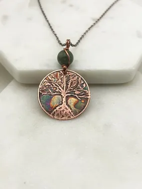 Copper and jade rooted tree necklace