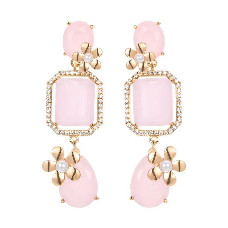 Cross-Border Jewelry Pink Geometric Imitation Jade Flower Style High-Quality Earrings