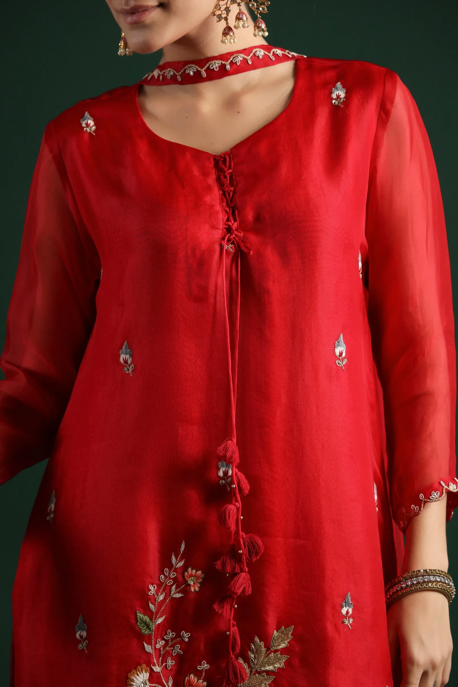 Deep Red Embellished Premium Silk Sharara Set