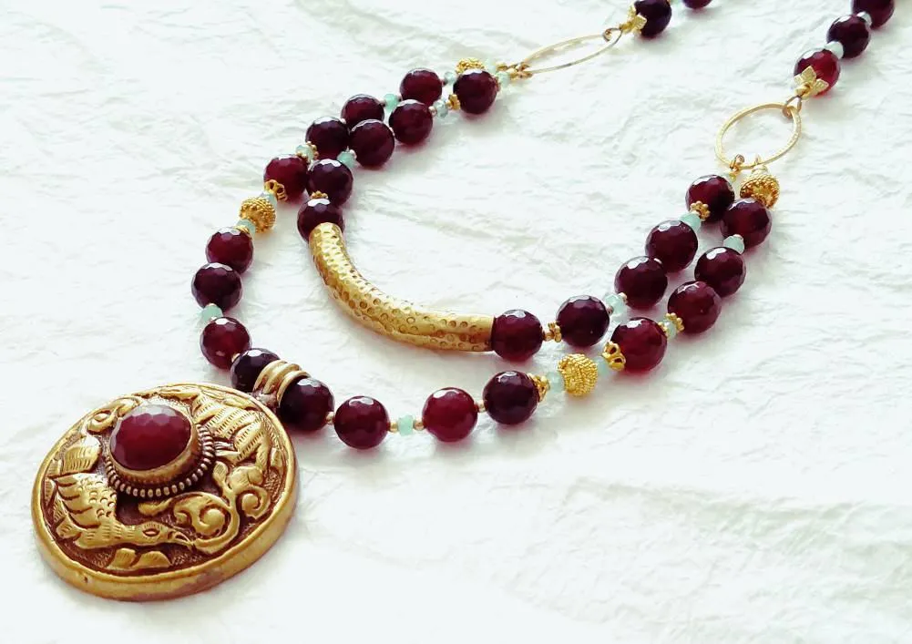 Deep Red Garnet Double Strand Solid Brass Repousee Nepalese Pendant Necklace, MB101710: Sparkling Wines