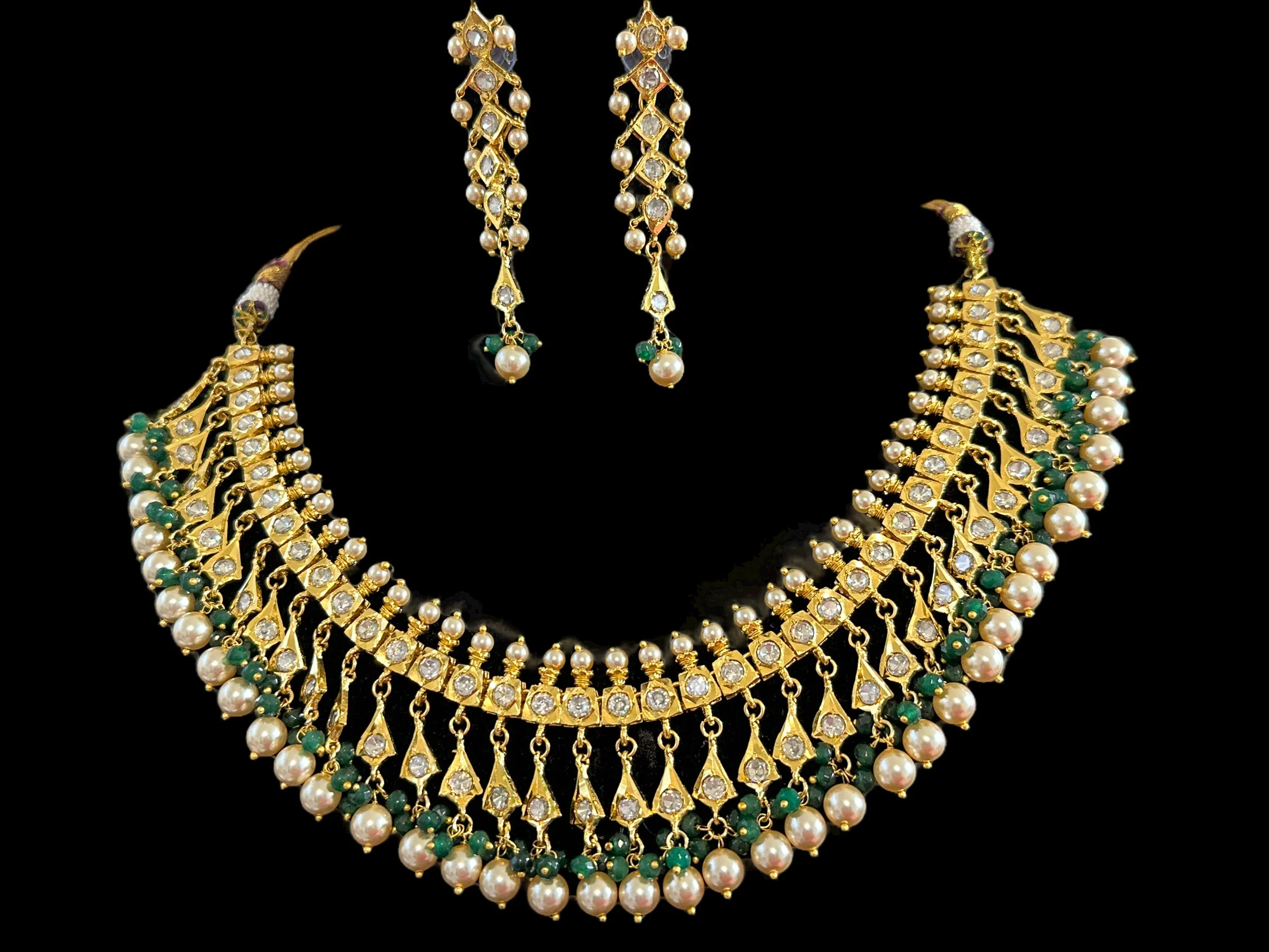 DNS87 Barfi necklace set with earrings in moissanite Polki and pearls ( READY TO SHIP )