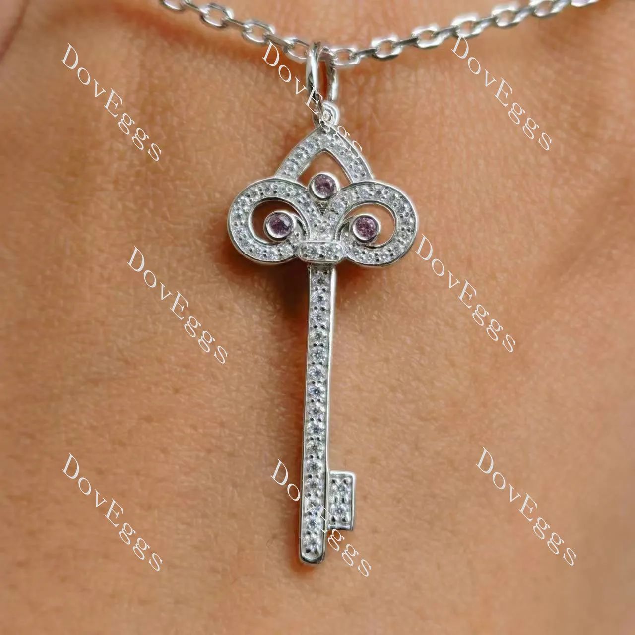 Doveggs round moissanite & colored gem fleur de lis key pendant necklace(pendant only)-1.5inch length