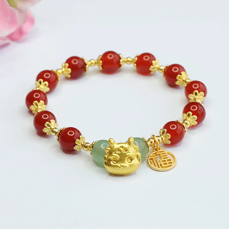 Dragon Zodiac Bracelet with Natural Red Agate and Sterling Silver