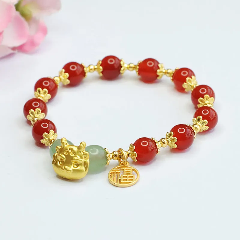 Dragon Zodiac Bracelet with Natural Red Agate and Sterling Silver