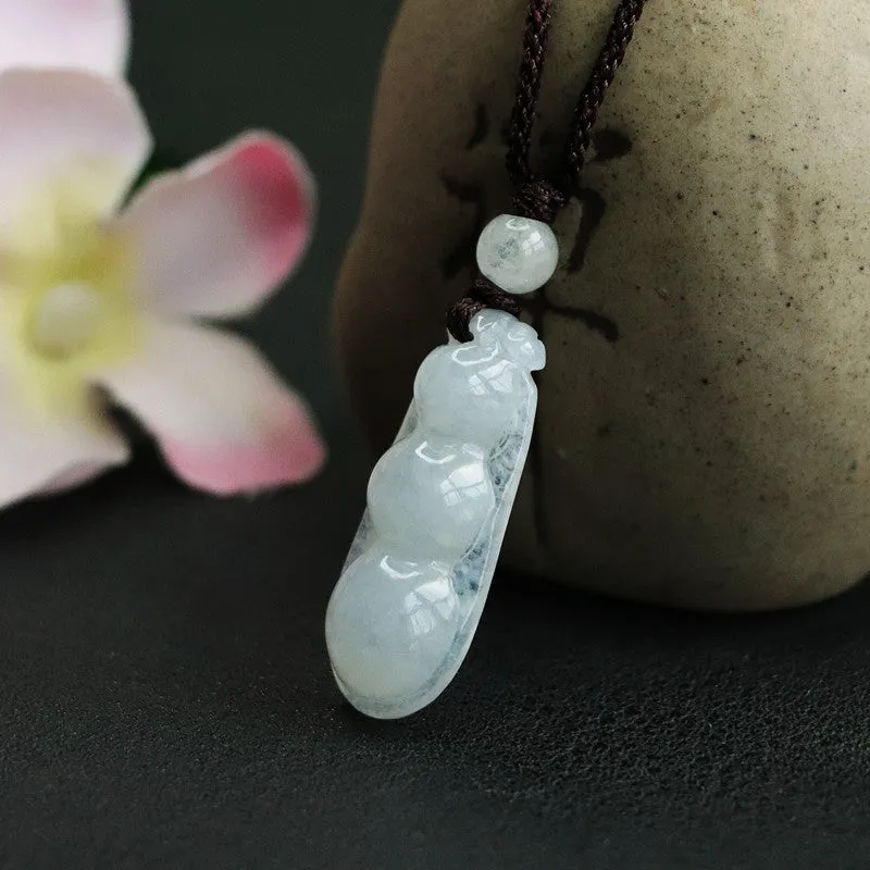 Elegant Four Kidney Beans Carved Jade Pendant with Sterling Silver