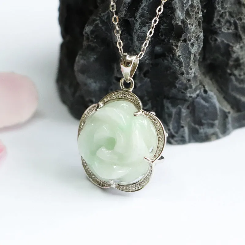 Elegant Sterling Silver Jade Flower Pendant Necklace