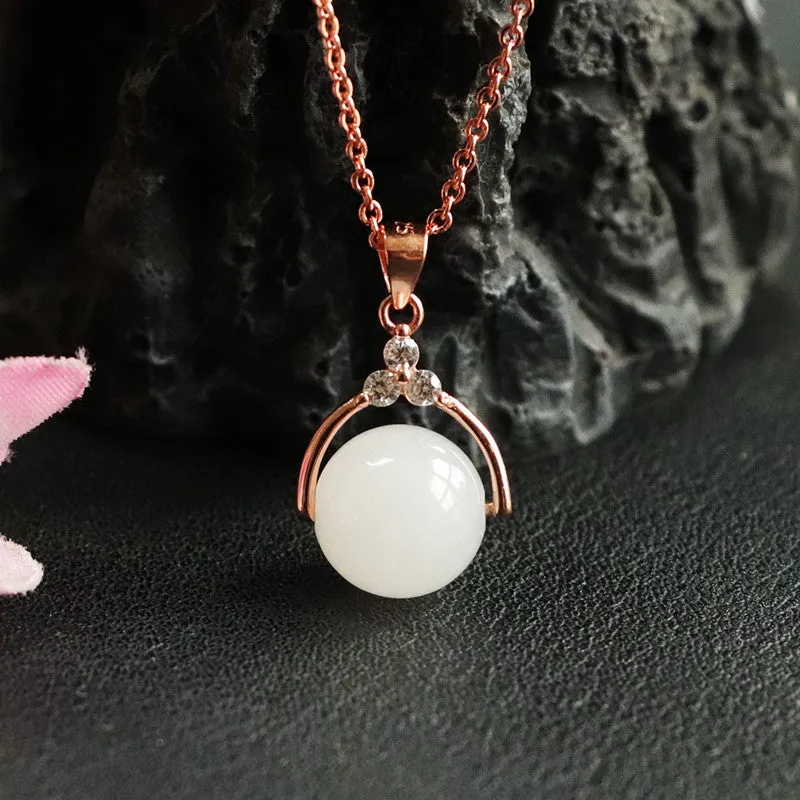 Elegant Zircon Necklace with Sterling Silver and Natural Hetian White Jade Beads