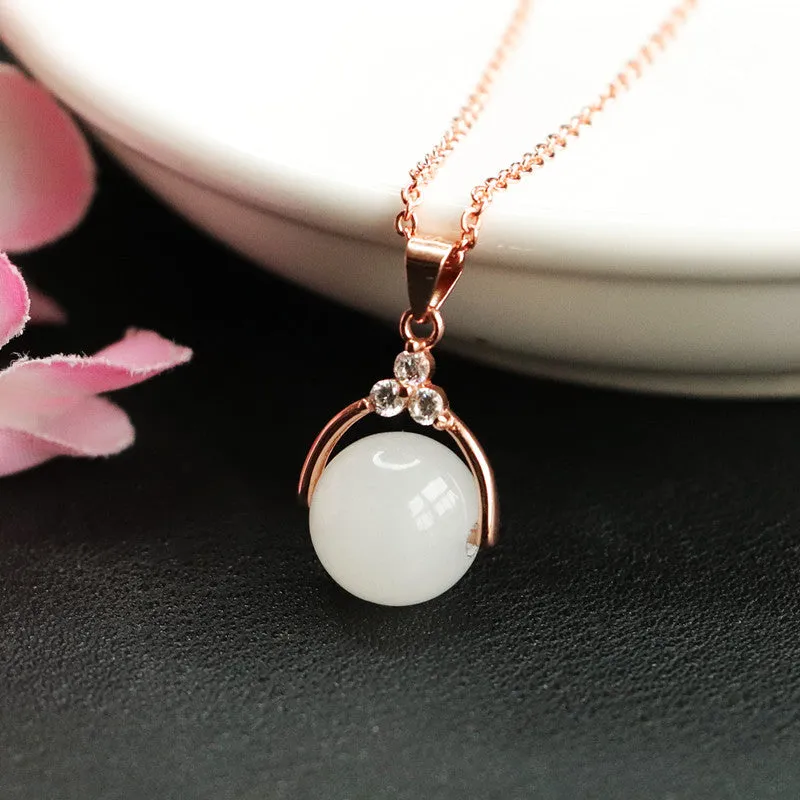 Elegant Zircon Necklace with Sterling Silver and Natural Hetian White Jade Beads