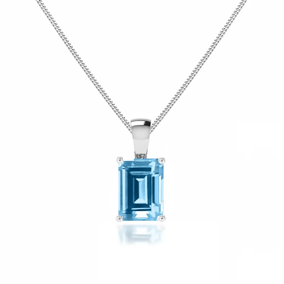 ELIZA - Emerald Cut Aqua Spinel 4 Claw Drop Pendant 18k White Gold