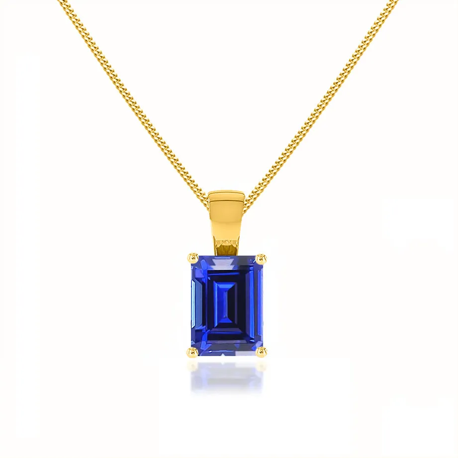 ELIZA - Emerald Cut Blue Sapphire 4 Claw Drop Pendant 18k Yellow Gold