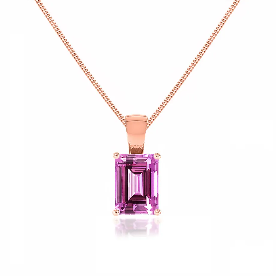 ELIZA - Emerald Cut Pink Sapphire 4 Claw Drop Pendant 18k Rose Gold