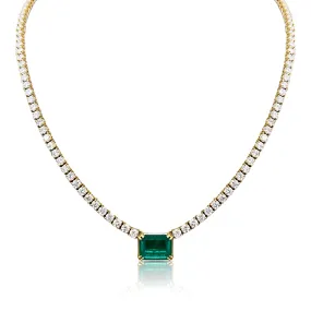 Emerald & Diamond Tennis Necklace In 18K Yellow Gold