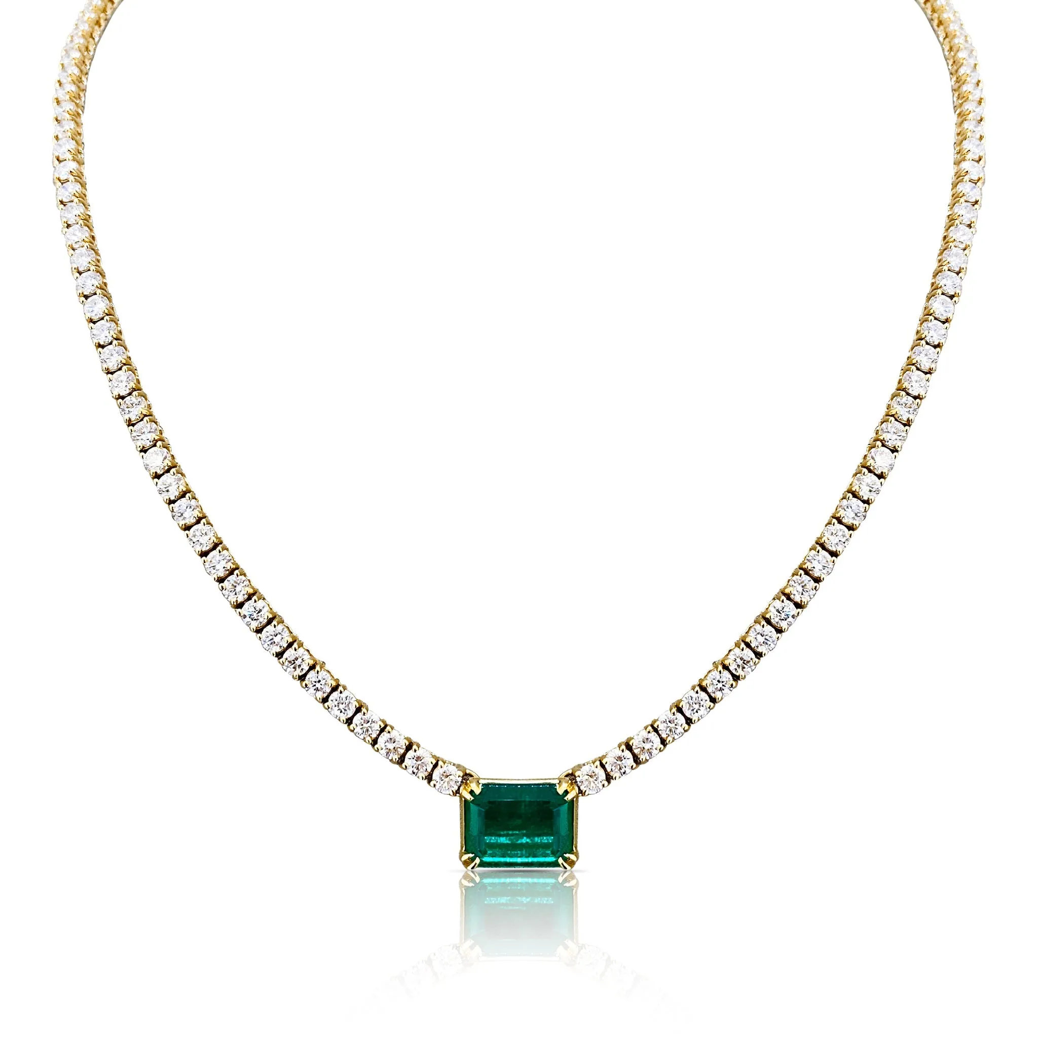 Emerald & Diamond Tennis Necklace In 18K Yellow Gold