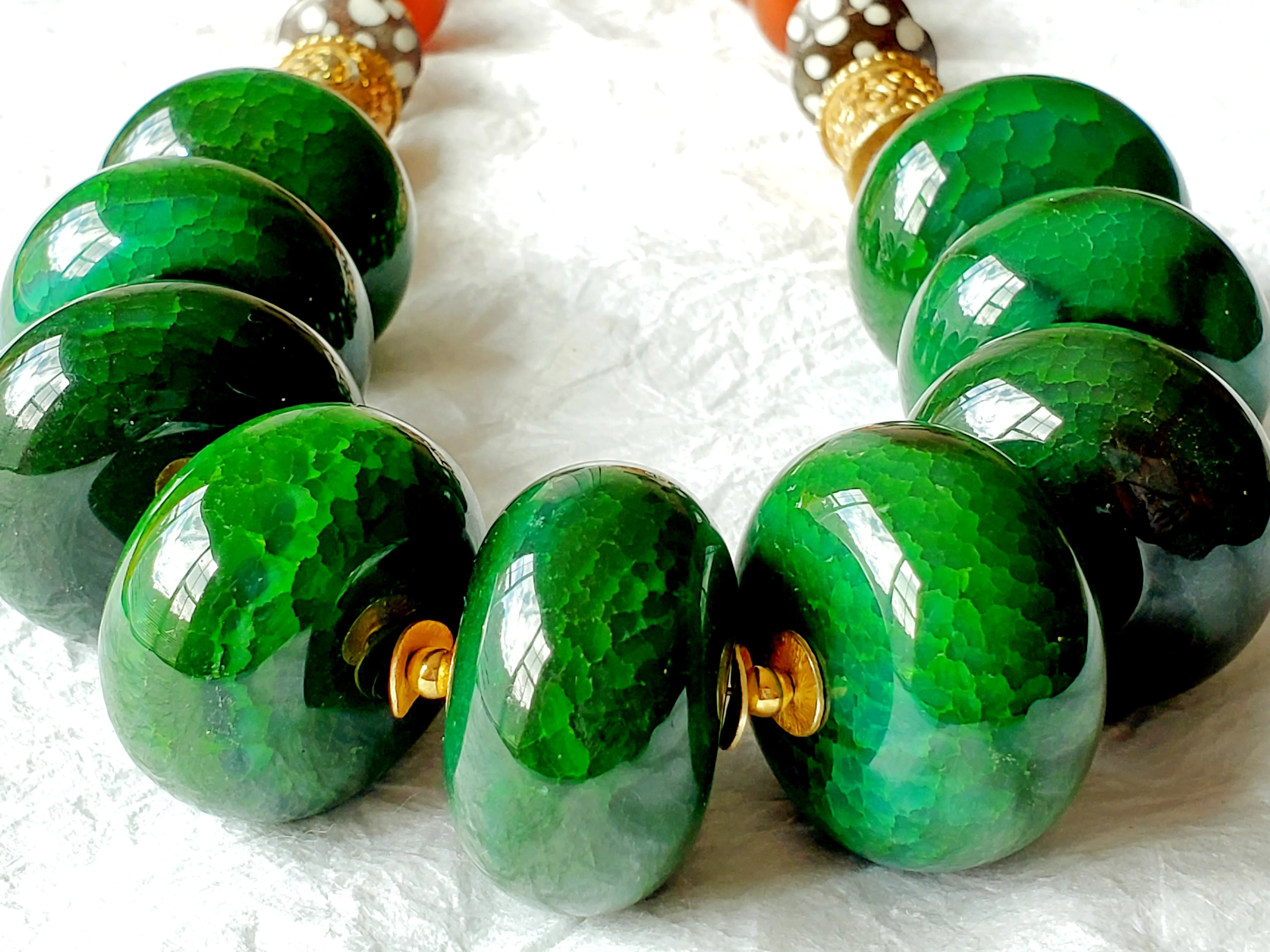 Emerald Jade Green Dragon Vein Druzy Agate Carved Brown Jade Gold Plated Bronze Orange Amber Resin Solid Copper Clasp Statement Necklace