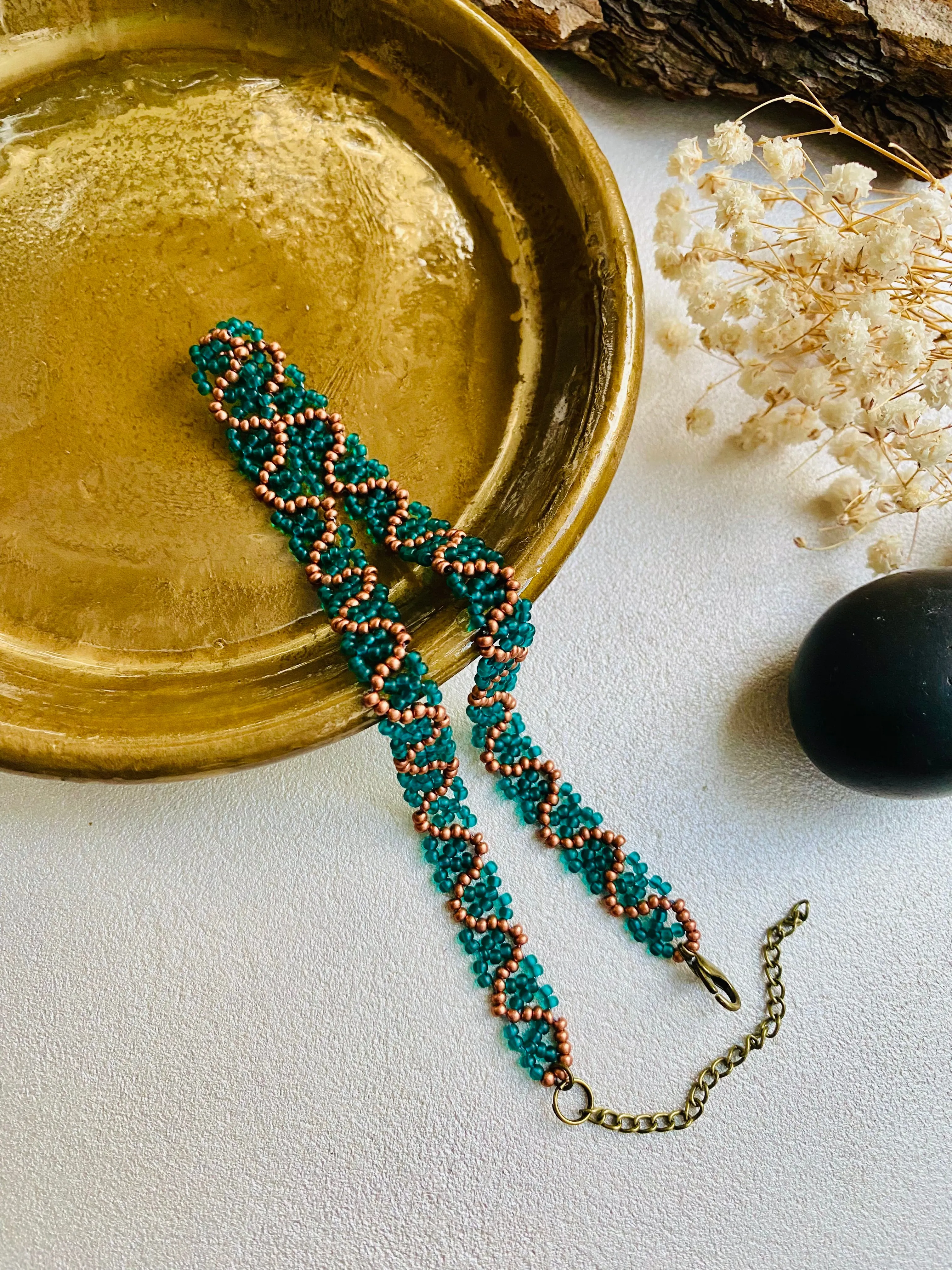 Emerald Matte Gold Seed Bead Choker Necklace, Boho Hippie Green Choker, Unique Choker, Choker collar, Cool Choker, Handmade Statement choker