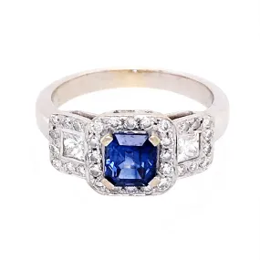 Estate 18k White Gold Sapphire and Diamond Cluster Ring