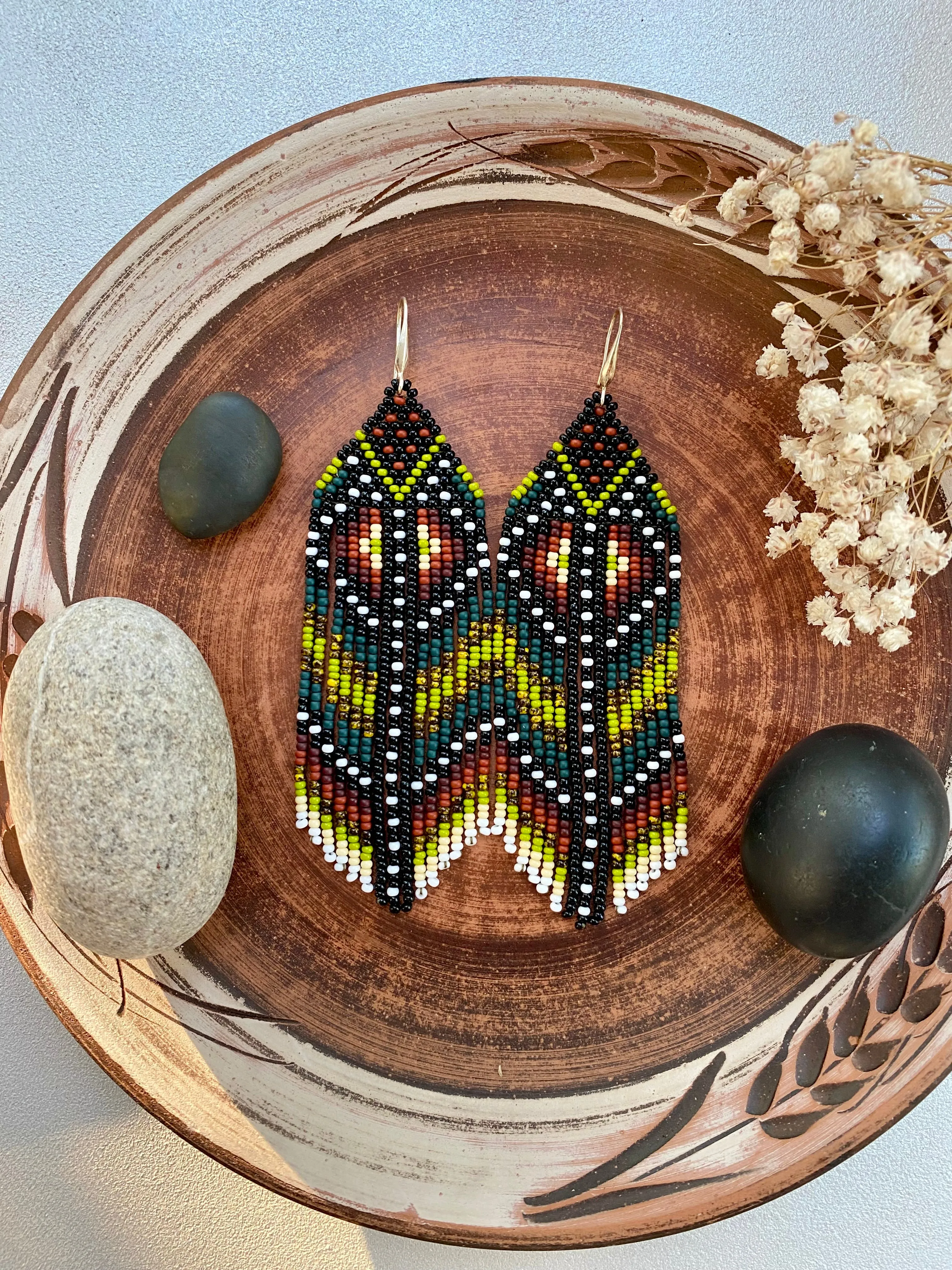 Ethnic Earthy Seed Bead Earrings, Colorful Fringe Chandelier earrings, Indigenous Earrings Native inspired, Long Dangle Boho Hippie Earring