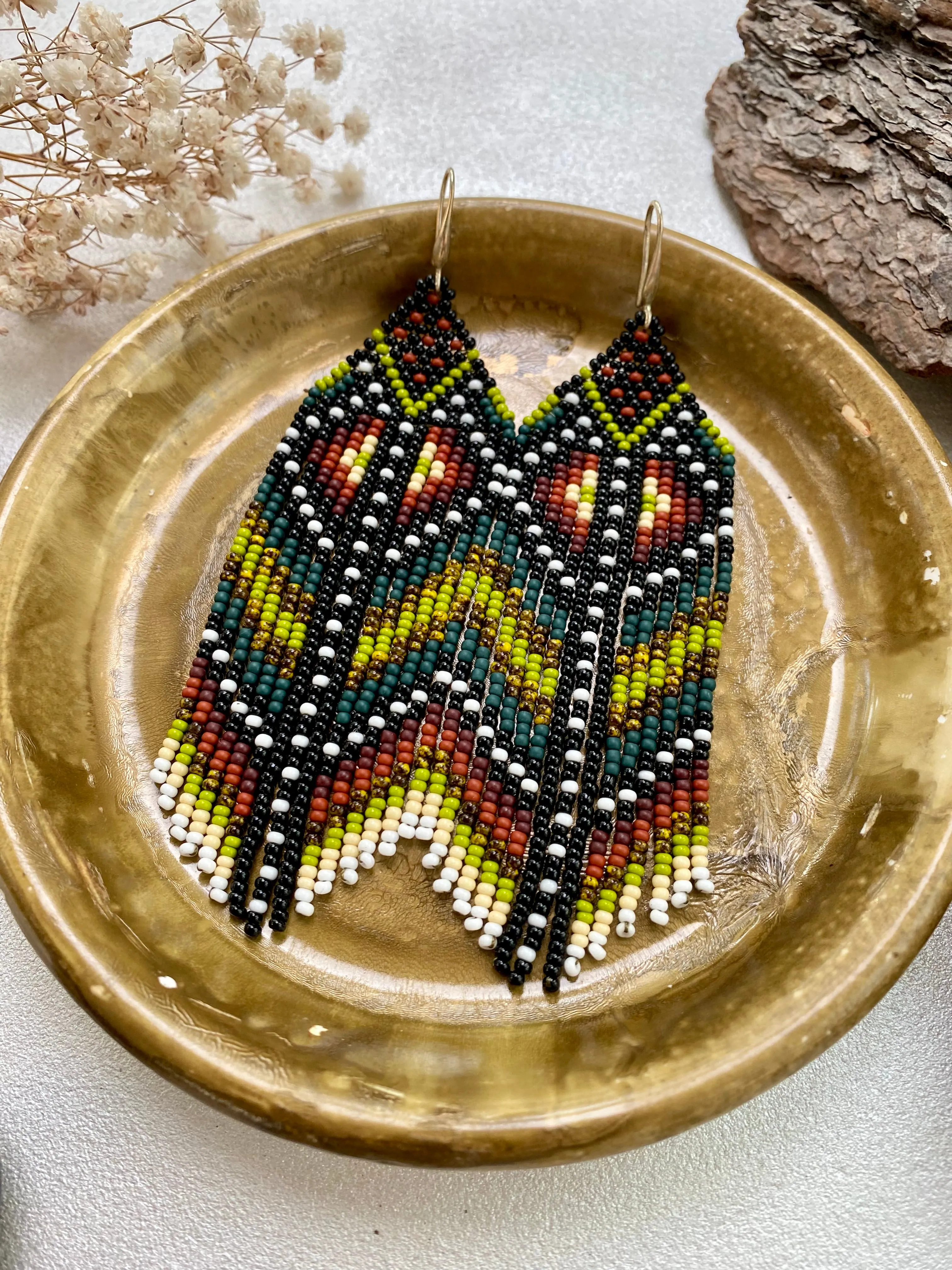 Ethnic Earthy Seed Bead Earrings, Colorful Fringe Chandelier earrings, Indigenous Earrings Native inspired, Long Dangle Boho Hippie Earring