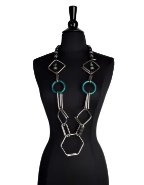 Etro Vintage Black Silver Green Beaded Geometric Metal Statement Necklace