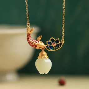 Exquisite Koi Fish & Lotus Pendant Necklace – Enamel Gold-Plated Necklace with Jade Drop jltn0639