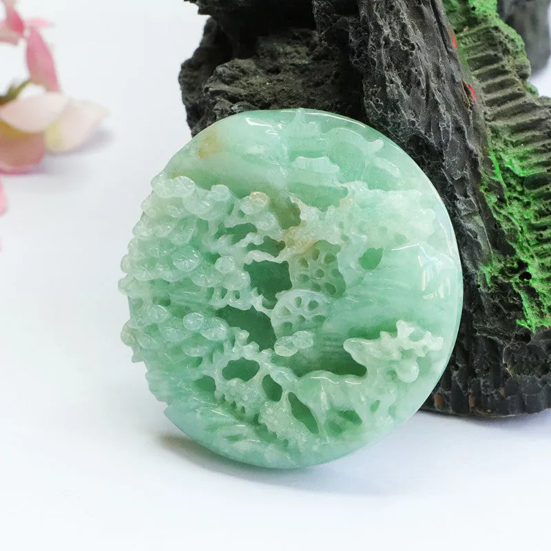 Exquisite Round Jade Pendant Featuring Full Green Relief Landscape - Fortune's Favor Collection