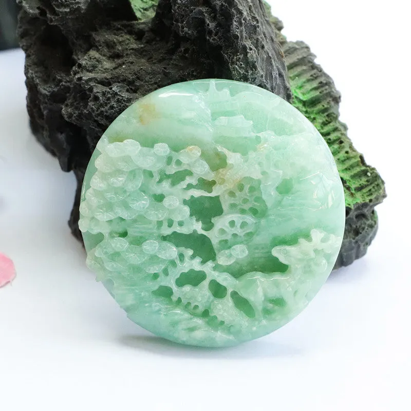 Exquisite Round Jade Pendant Featuring Full Green Relief Landscape - Fortune's Favor Collection