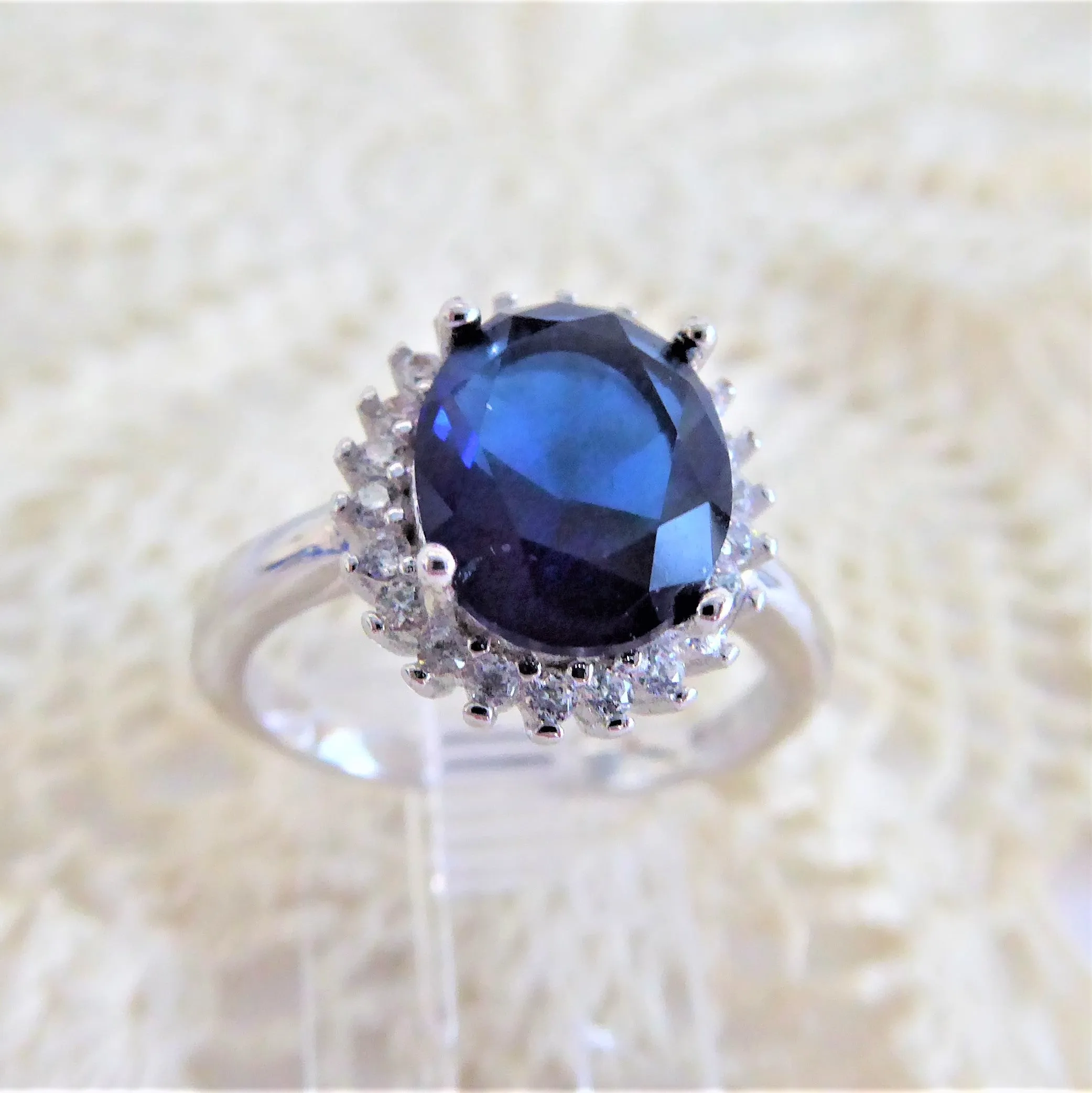 Faux Sapphire Diamond Halo 925 Silver Ring Size 6 Engagement Ring 1980s Estate