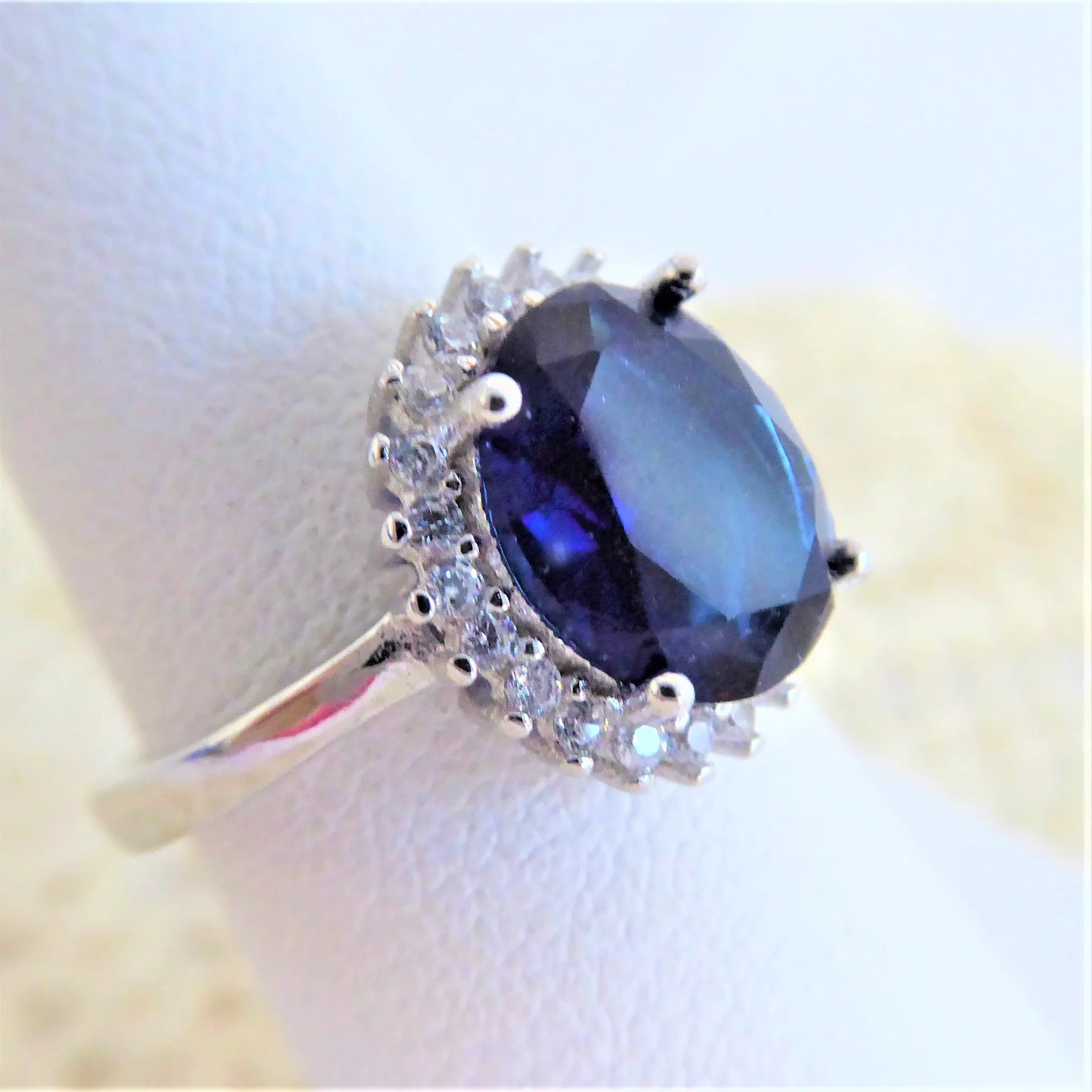 Faux Sapphire Diamond Halo 925 Silver Ring Size 6 Engagement Ring 1980s Estate