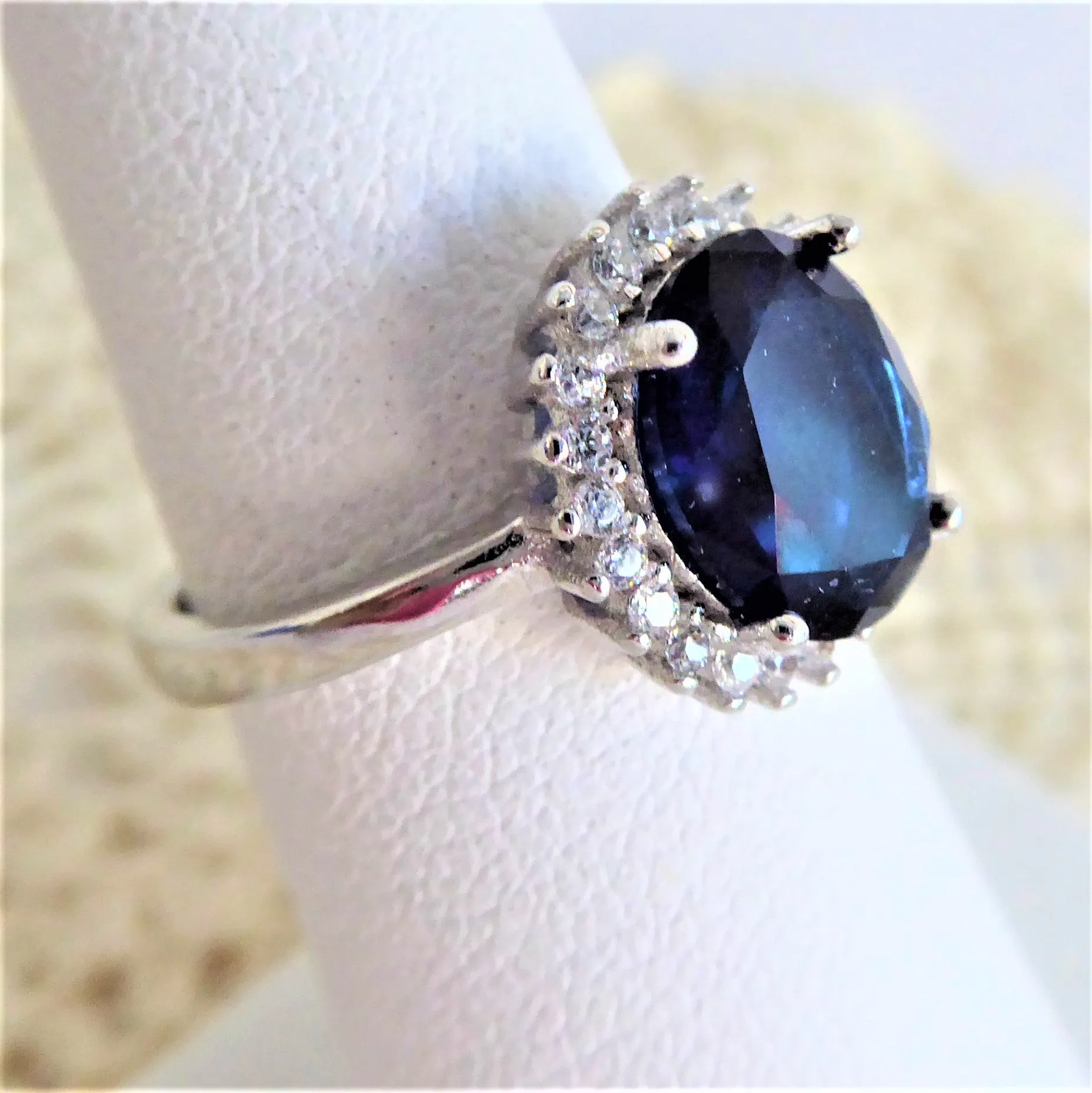 Faux Sapphire Diamond Halo 925 Silver Ring Size 6 Engagement Ring 1980s Estate