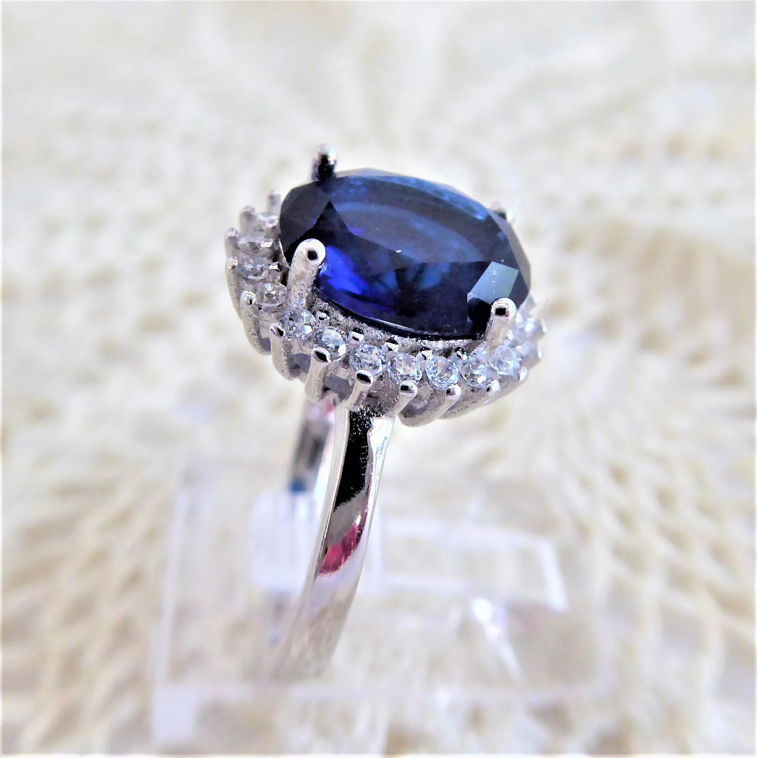 Faux Sapphire Diamond Halo 925 Silver Ring Size 6 Engagement Ring 1980s Estate