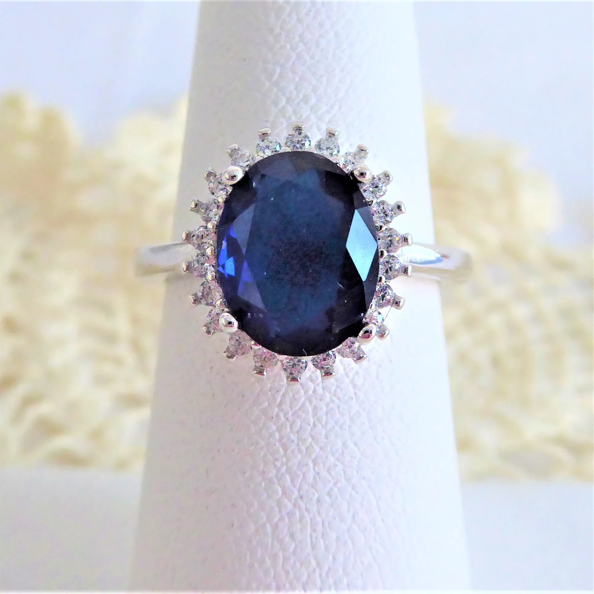 Faux Sapphire Diamond Halo 925 Silver Ring Size 6 Engagement Ring 1980s Estate