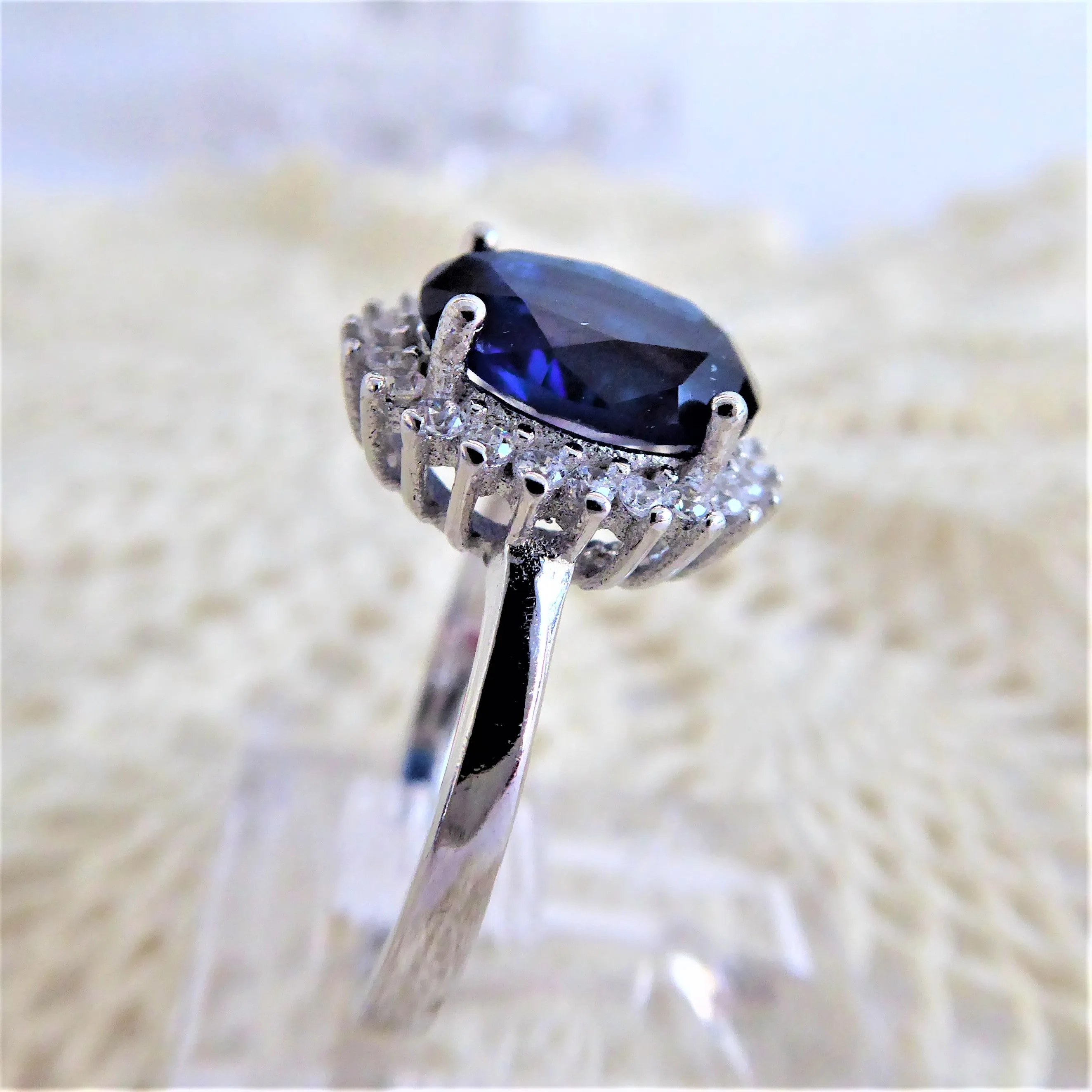 Faux Sapphire Diamond Halo 925 Silver Ring Size 6 Engagement Ring 1980s Estate