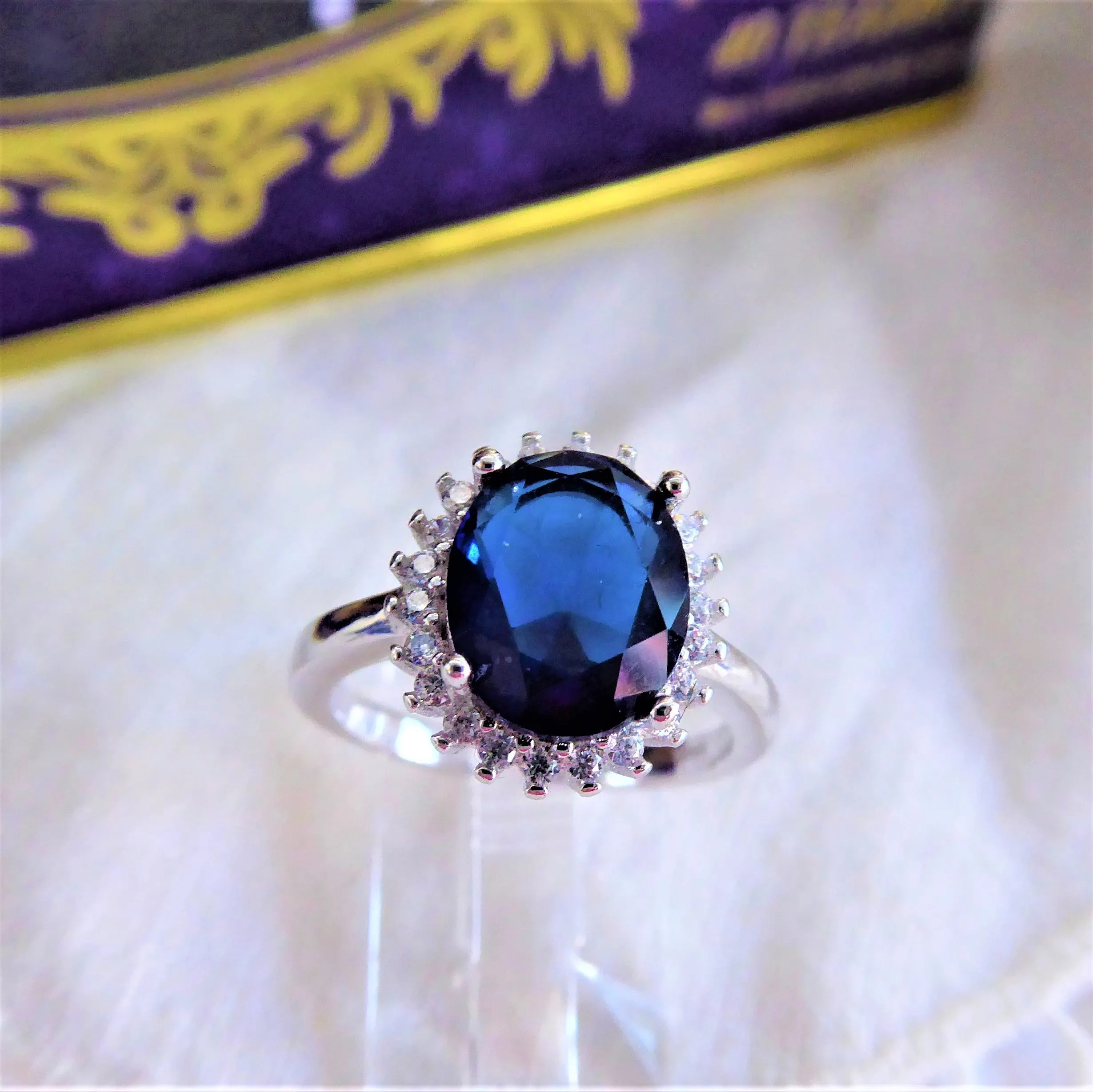 Faux Sapphire Diamond Halo 925 Silver Ring Size 6 Engagement Ring 1980s Estate