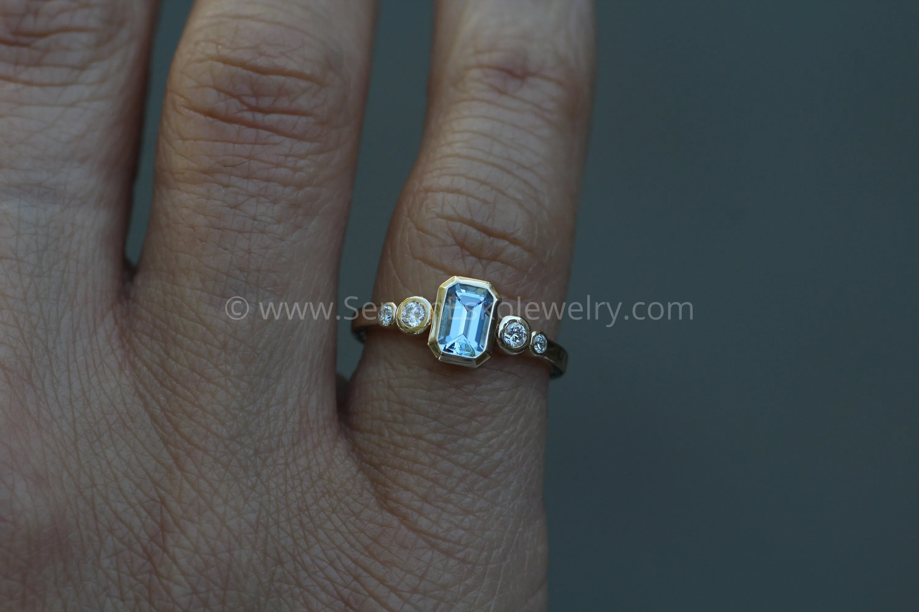 Five Stone Diamond Accented Multi Bezel Setting - Aquamarine Depicted (Setting Only, Center Stone Sold Separately)