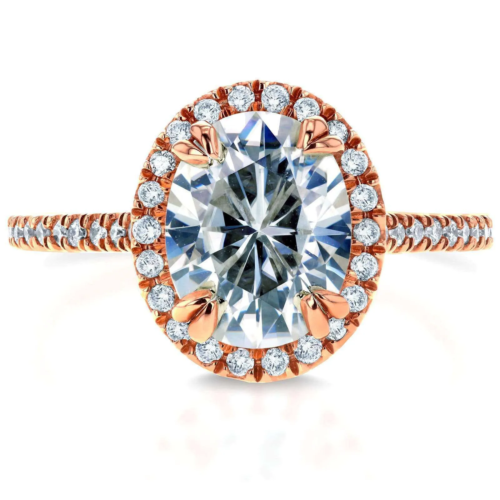 Forever One Oval Moissanite and Diamond Halo Engagement Ring 2 1/3 CTW 14k Rose Gold (DEF/VS, GH/I)