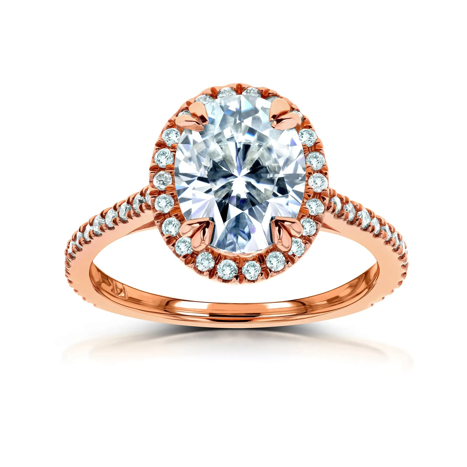 Forever One Oval Moissanite and Diamond Halo Engagement Ring 2 1/3 CTW 14k Rose Gold (DEF/VS, GH/I)