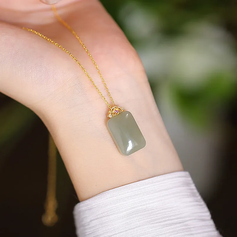 Fortune's Favor Hetian Green Jade Necklace with S925 Silver Pendant